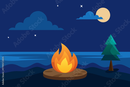 Cartoon beach bonfire scene at night vector illustration