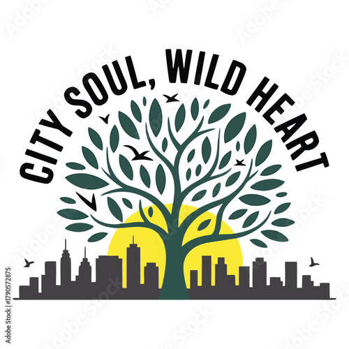 City soul wild heart tree with birds and yellow sun logo Keywords: city, soul, wild, heart, tree