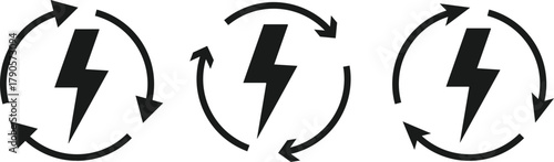 Lightning Bolt and Circular Arrow Icon Set. Energy Refresh and System Update symbol. Power Efficiency Symbol sign
