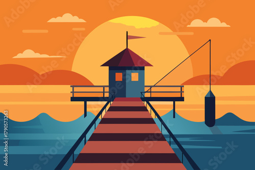 Cartoon fishing pier at sunset view vector illustration