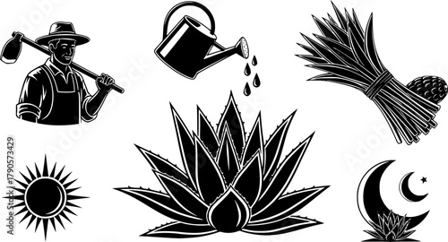 Agave icons set with farmer and crop elements for nature and agriculture design