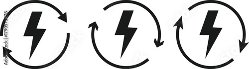Lightning Bolt and Circular Arrow Icon Set. Energy Refresh and System Update symbol. Power Efficiency Symbol sign