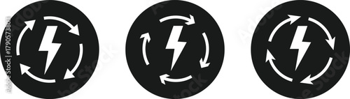 Lightning Bolt and Circular Arrow Icon Set. Energy Refresh and System Update symbol. Power Efficiency Symbol sign