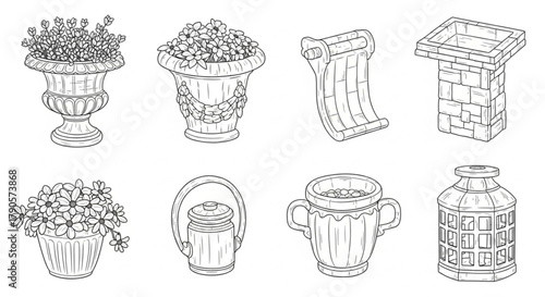 Black and white line art of garden accessories and features
