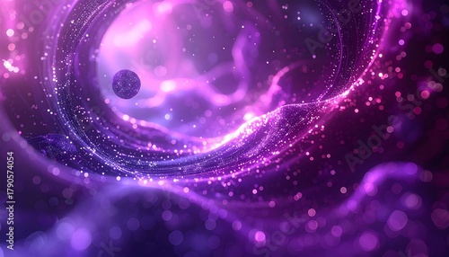 Ethereal vortex with swirling purples and pinks, a small planet floats within. A dreamy, galactic spectacle unfolds