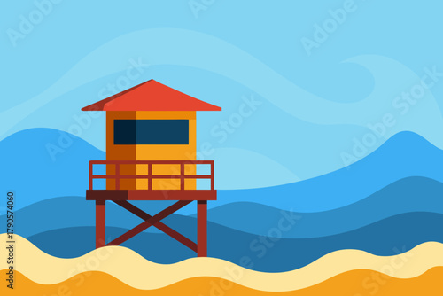 Cartoon lifeguard tower by the waves vector illustration