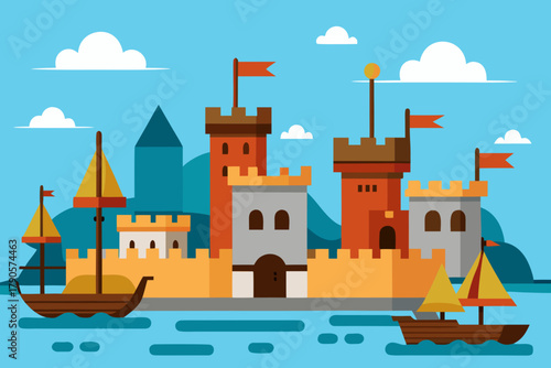 Cartoon medieval port with ships vector illustration