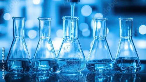 Clear glass flasks holding liquid in a laboratory setting