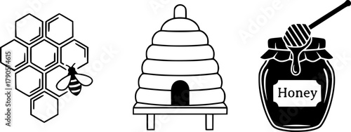 Minimalist bee icons: honeycomb, hive, and honey jar line art set