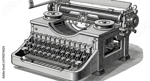 Vintage typewriter engraving: classic mechanical office machine art
