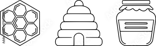 Minimalist bee icons: honeycomb, hive, and honey jar line art set