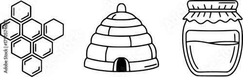 Minimalist bee icons: honeycomb, hive, and honey jar line art set
