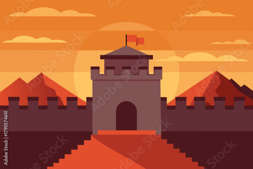Cartoon fortress walls at sunset vector illustration