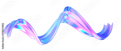 3d glass abstract wave flying. Gradient background liquid ribbon form. Hologram y2k spiral shape iridescent texture. Holographic ribbon glass effect. Vector music poster, futuristic tech template