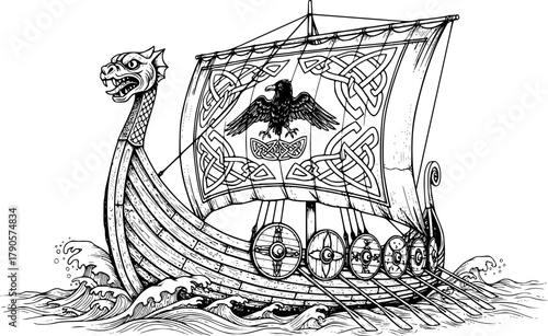 Detailed hand-drawn viking longship with dragon head and sail in vintage style