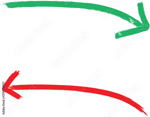 Green and red hand-drawn brushstroke arrows pointing in opposite directions Vector