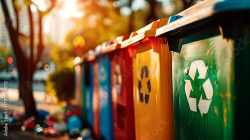 A row of bright recycling bins in different colors for separating waste. Eco-friendly waste management concept promoting recycling and sustainability.