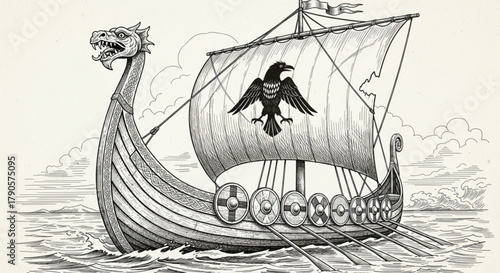 Detailed hand-drawn viking longship with dragon head and sail in vintage style