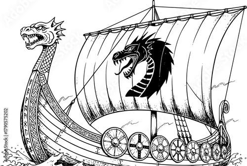 Detailed hand-drawn viking longship with dragon head and sail in vintage style