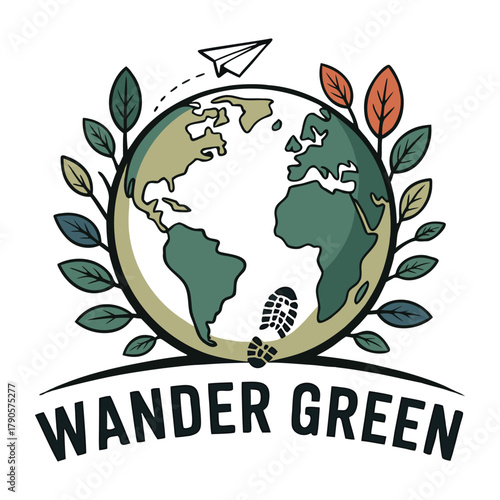 Earth globe with leaves footprint and paper airplane Wander Green Keywords: earth, globe, planet