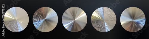 Five Brushed Metal Discs with Radial Texture. Сollection of holographic  silver stickers.