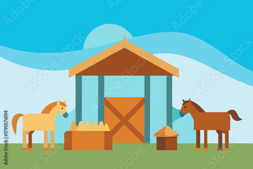 Cartoon stable with horses and hay vector illustration