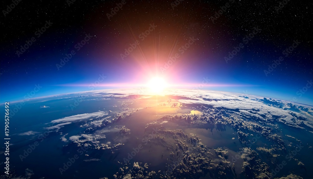 Obraz premium Glimpse of Earth from space, sunrise highlighting the blue atmosphere and the white clouds