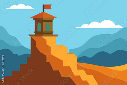 Cartoon watchtower overlooking cliffs vector illustration