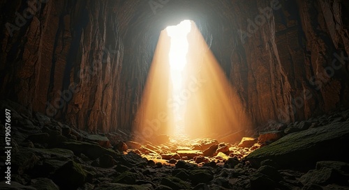 Dramatic sunbeams pierce dark cavern illuminating rocky floor, inspiring hope and discovery in mysterious underground world