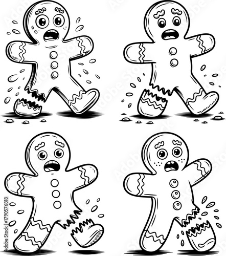 Funny gingerbread men cookie with expressive face, one leg snap, vector illustration collection. Black doodle style, Christmas-themed designs, humorous seasonal holiday graphics
