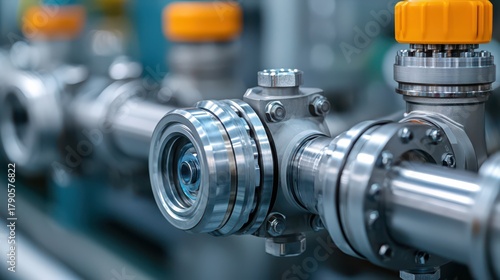 A close-up view of a metallic valve with orange knobs, showcasing intricate details of industrial piping and machinery.