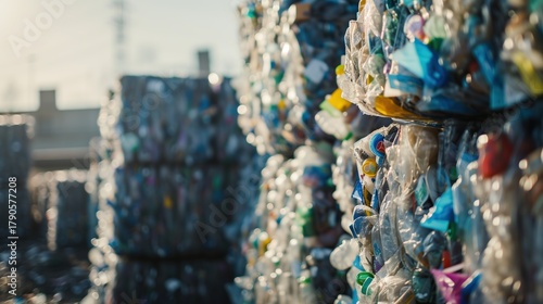 Stacks of compressed blue and white plastic waste at an industrial site, highlighting global efforts toward recycling and sustainability.
