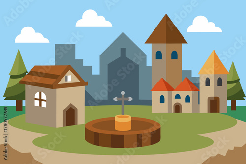 Cartoon medieval village square vector illustration
