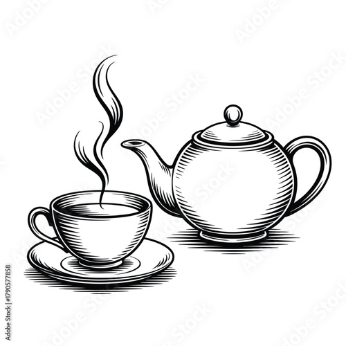 Hand drawn sketch of steaming tea cup and teapot