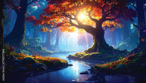 Golden autumn forest reflected in a serene woodland stream. Tranquil forest scene with autumn colors and calm water. Enchanting fall forest with colorful leaves and water reflection