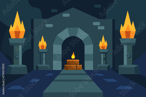 Cartoon dungeon interior with torches vector illustration