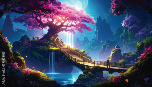 Magical bridge over a glowing river in a tranquil forest. Nightfall in a mystical forest with pink glowing trees. Dreamy landscape with a beautiful bridge and lush nature
