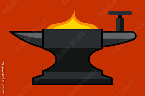 Cartoon blacksmith forge with a glowing anvil vector illustration