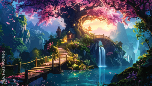 Sunset over a magical bridge in a vibrant forest. Fairy tale landscape with a mystical waterfall. Tranquil forest scene with glowing trees and a bridge. Romantic sunset landscape with peaceful bridge