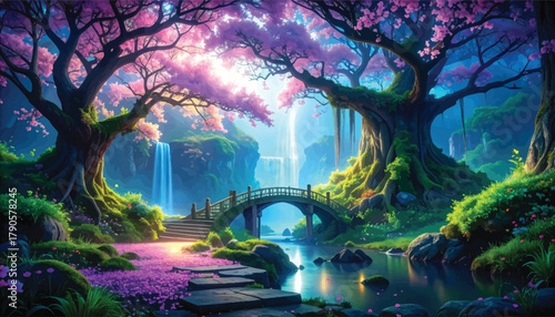 Magical waterfall bridge in a dreamy forest Enchanting nature with glowing trees and a bridge. Serene forest landscape. Fantasy landscape with vibrant flowers and cascading water