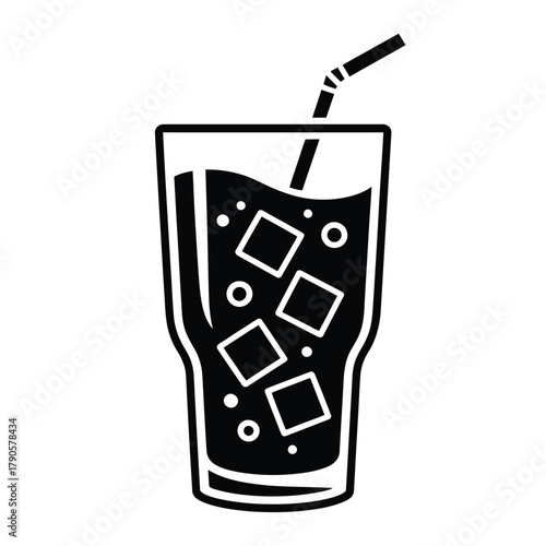Black and white illustration of a tall glass of iced drink with straw