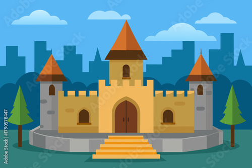 Cartoon medieval castle courtyard vector illustration
