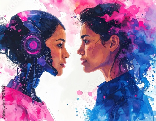 Colorful watercolor illustration of human and robot communication