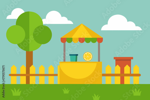 Cartoon lemonade stand in a yard vector illustration