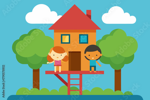 Cartoon kids' treehouse club vector illustration