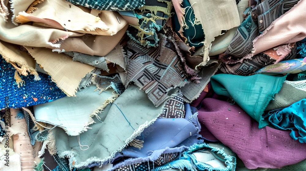Fototapeta premium Close-up of textile remnants in multiple materials and colors, ideal for eco-conscious fashion, upcycling, and artistic craft projects.