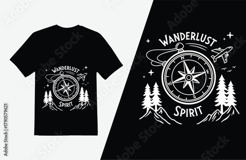 A black t shirt design displays a white compass graphic with wanderlust and spirit text, mountains and an airplane