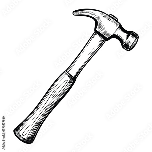 Hand drawn illustration of a classic claw hammer on a white background