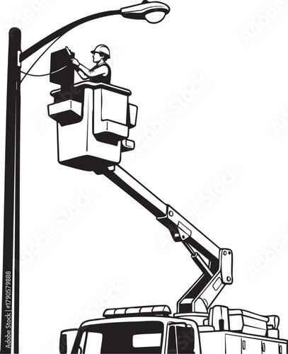 Illustration of a worker in a cherry picker truck performing maintenance on a street lamp, showcasing urban infrastructure and electrical services
