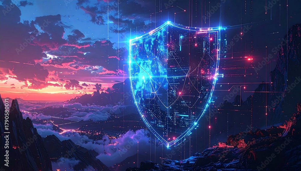 Obraz premium Digital shield overlayed on landscape; stylized sky with pink clouds, dark mountains below, digital connections